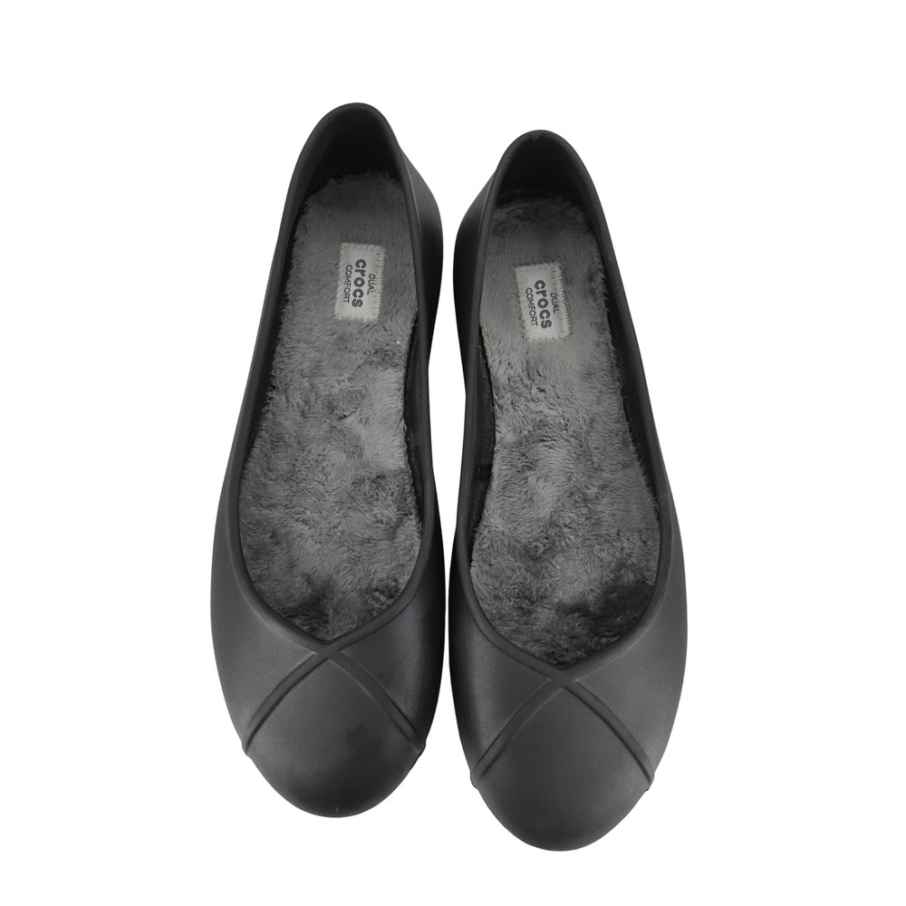 Crocs Sienna Lined Flat Black Faux Fur Ballet Shoes Womens Size 11 Minimalist